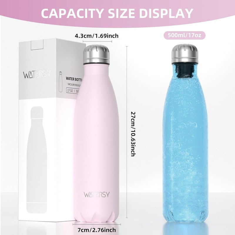 WATERSY Stainless Steel water bottles,17oz/500ml Insulated Water Bottles,Pink metal water bottle Keeps Drink Cold and Hot,BPA Free kids water bottles for School,Gym,Travel,Sports - Image 3